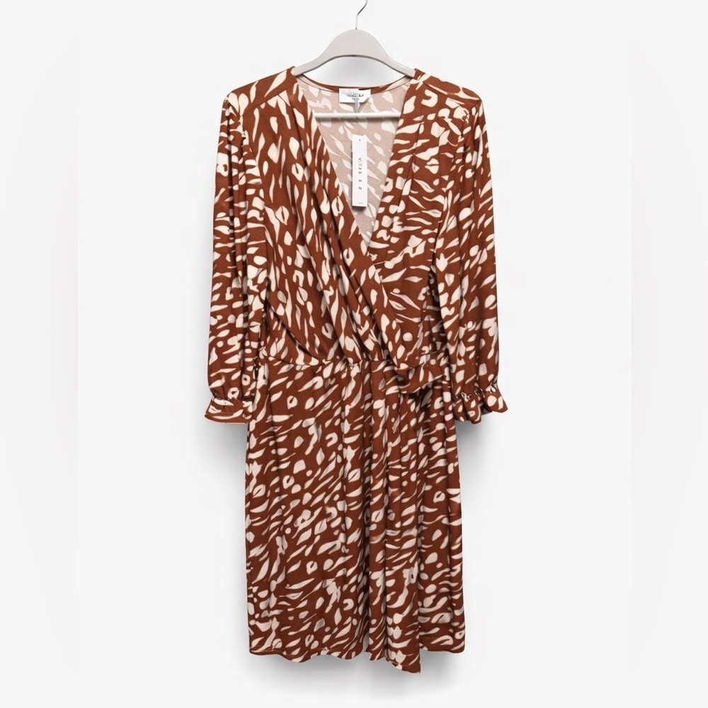 Gilli Brown & Cream Abstract Faux Wrap Dress 2X NWT 3/4 Sleeve